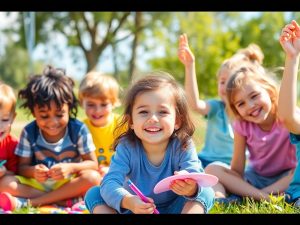 Copii jucându-se în aer liber și distrându-se.