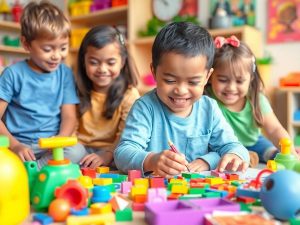 Copii jucându-se cu jocuri educative colorate.