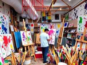 Studiu de artă plin de culori și materiale creative.