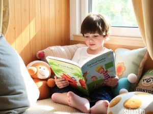 Copil citind o carte colorată într-un colț confortabil.
