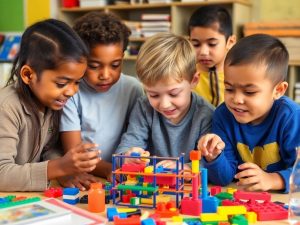 Copii lucrând împreună la un proiect STEM.