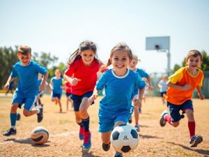Copii jucând sporturi diverse, plini de energie.