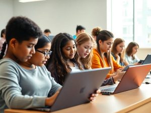 Elevi folosind tehnologia în sala de clasă modernă.