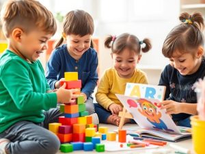 Copii preșcolari bucuroși, jucându-se educativ.