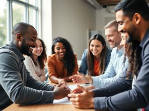 Grup divers de oameni zâmbitori, colaborând activ la o masă.