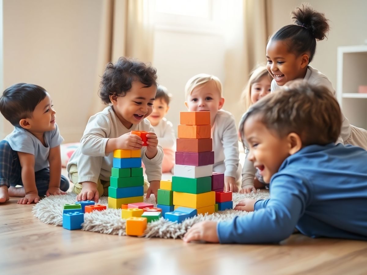 Copii diverși zâmbind lângă cuburi colorate pe podea de lemn