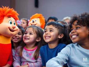 Copii râzând, animăluțe, culori vii, zâmbete.