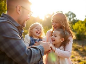 Familie zâmbind împreună în aer liber.