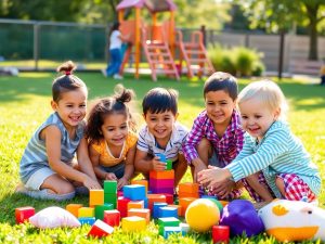 Copii fericiți explorând jucării colorate.