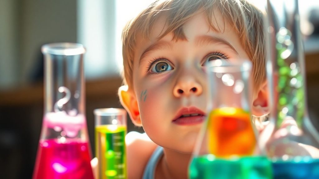 Copii experimentând cu lichide colorate în eprubete.