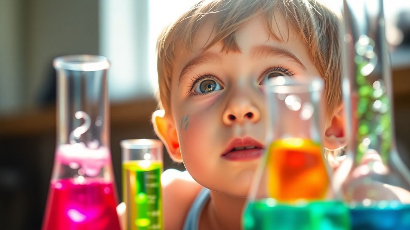 Copii experimentând cu lichide colorate în eprubete.