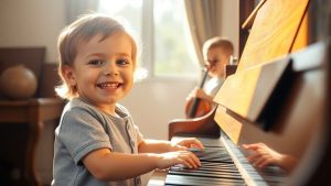 Copil la pian cu vioară în fundal