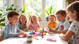Copii creați lucrând la activități creative în vacanță.