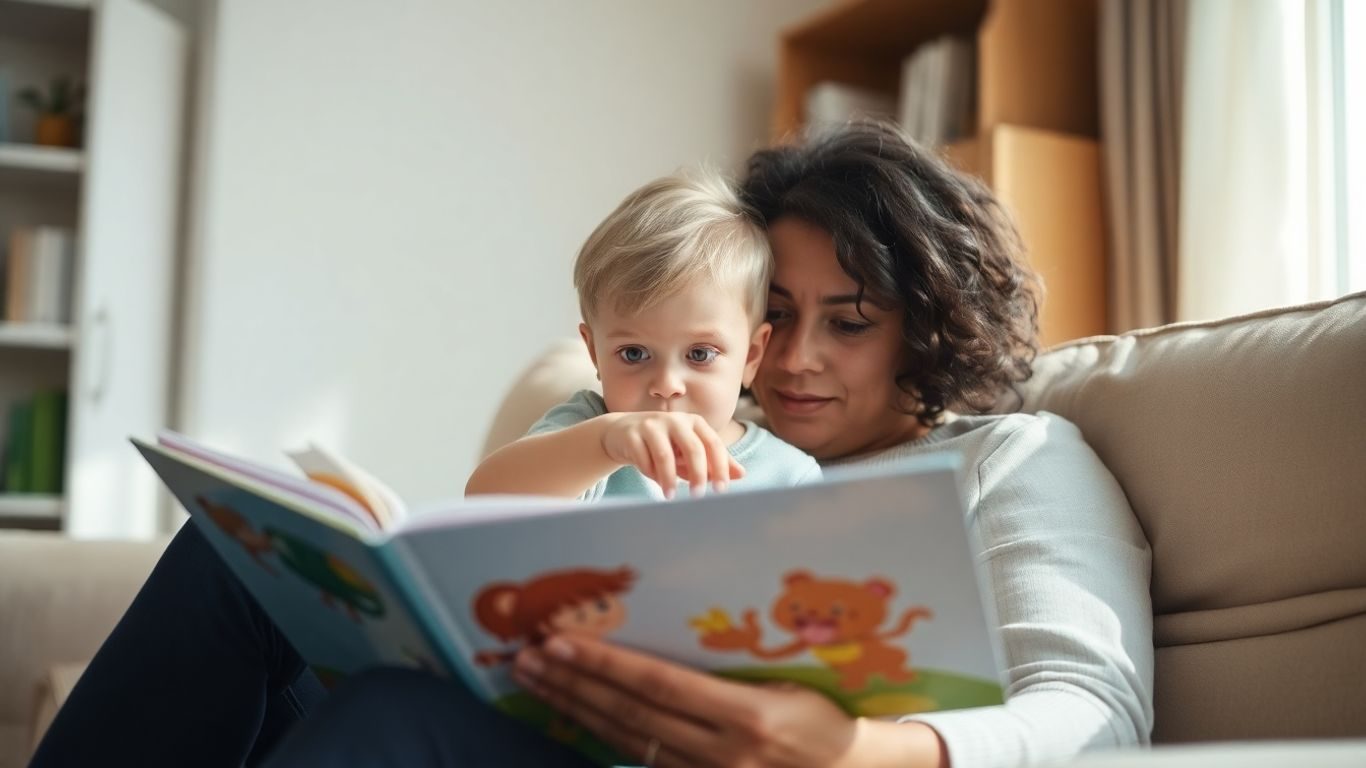 Părinte și copil citind o carte împreună.