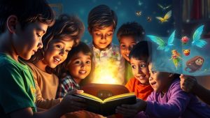 Copii ascultând povești audio captivante.