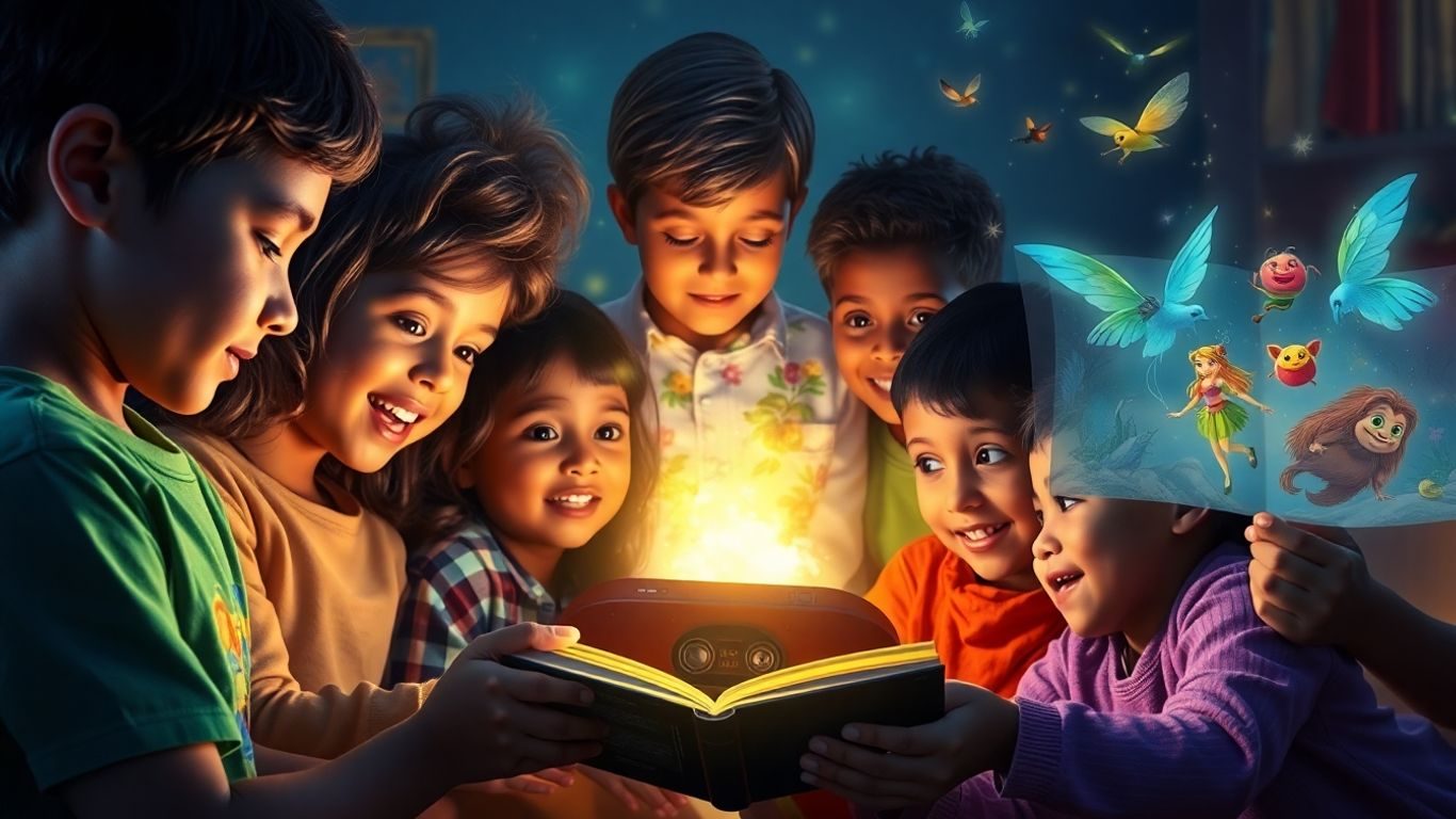 Copii ascultând povești audio captivante.