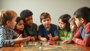 Copii jucând un joc de rol la masă.